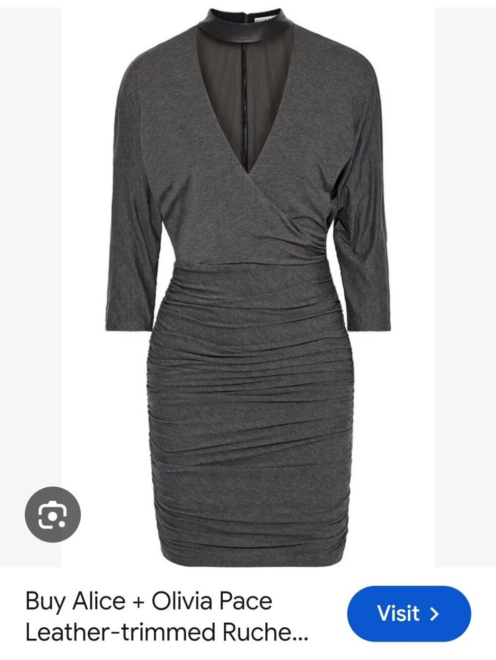 Alice + Olivia Charcoal Gray Ruched V‑Neck Midi Dress with Leather Trim